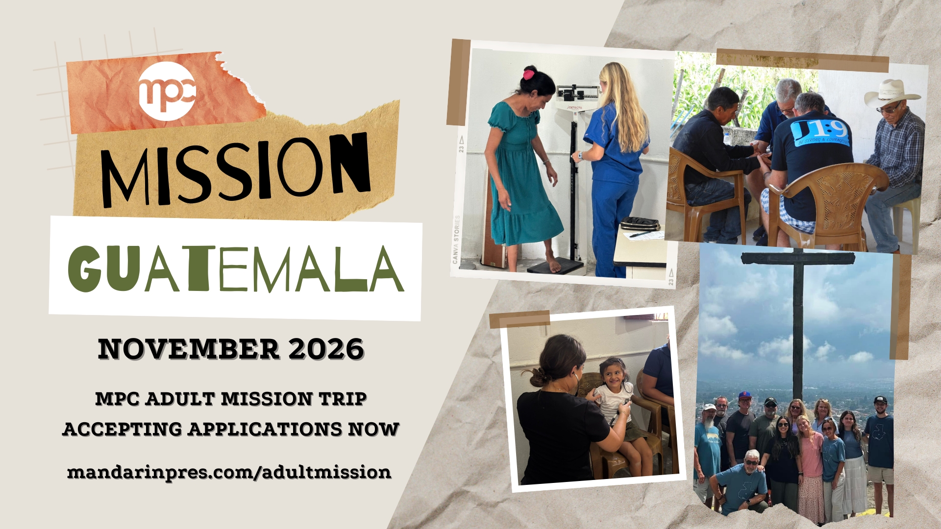 MPC Adult Mission Trip

Come be a part of something meaningful and see God at work in our world!

Click here for more details & application.&nbsp;
